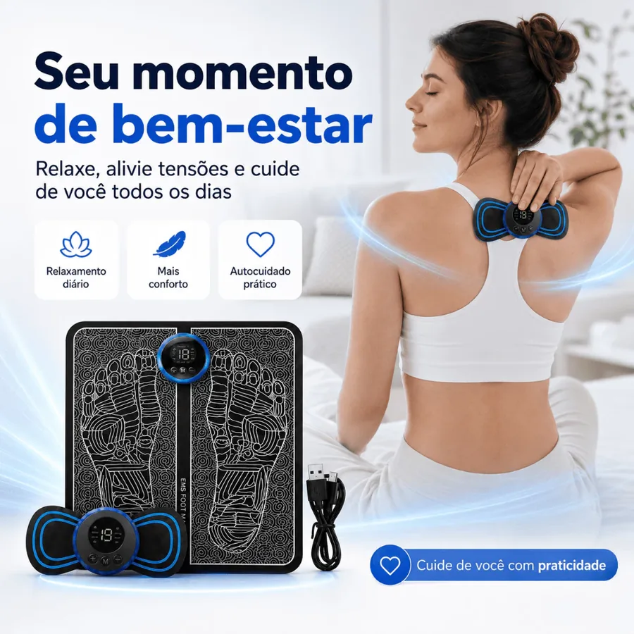 Mulher relaxando com o mini massageador nas costas